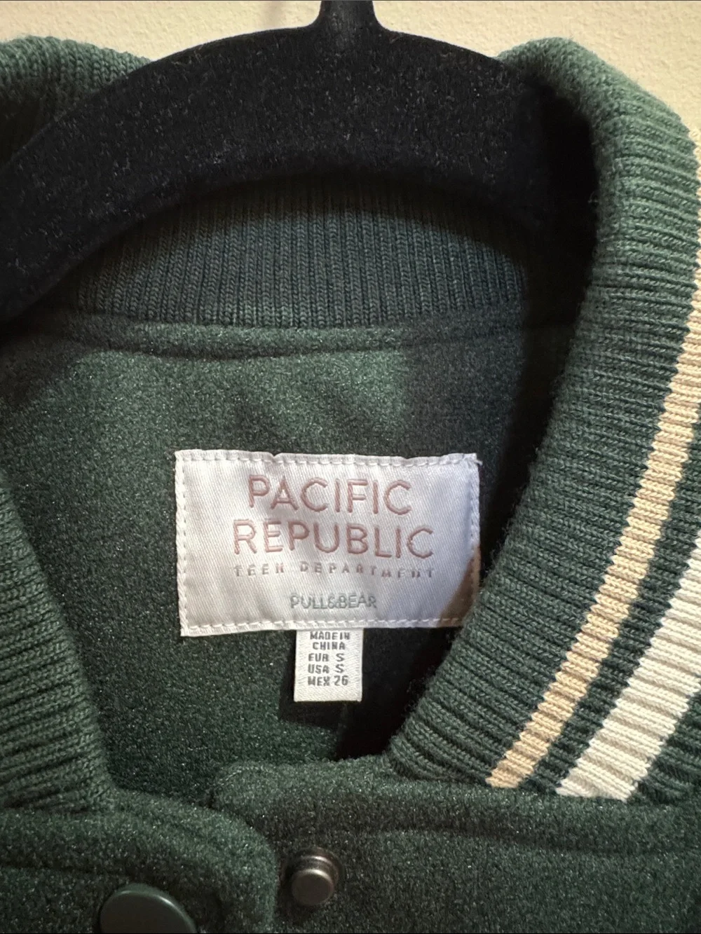 Pull&Bear Dark Green and Cream Kids Letterman Jacket with Gold 'C' Patch